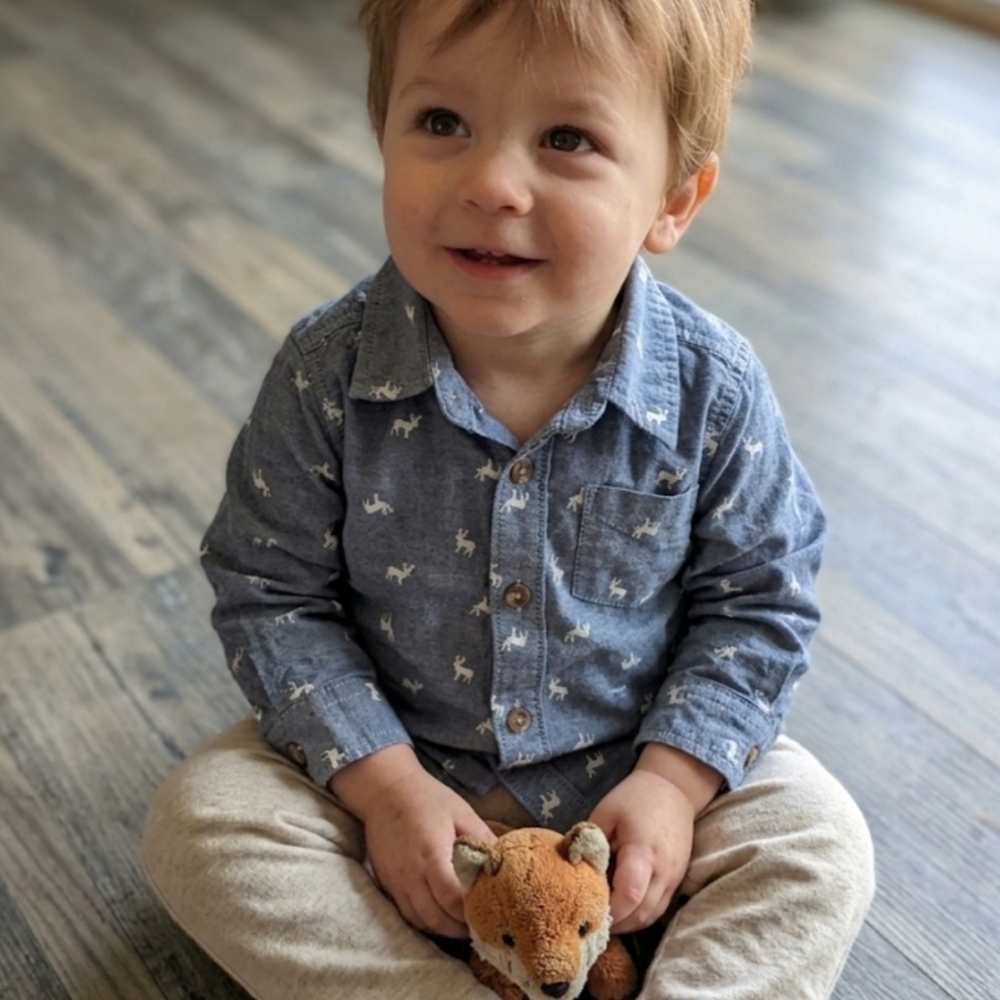 Old Navy Blue Button-Up Shirt with White Dino Print